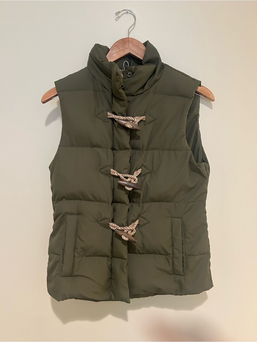 J.Crew Olive Green Puffer Vest - Down Fill, Toggle Closure - Size XS